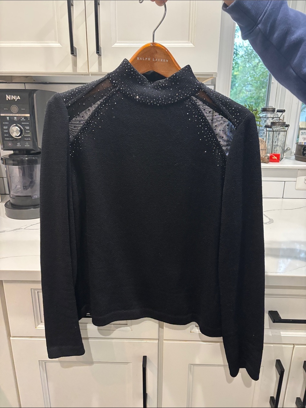 St. John Black Mock Neck Sweater with Sheer Panel & Crystal Accents